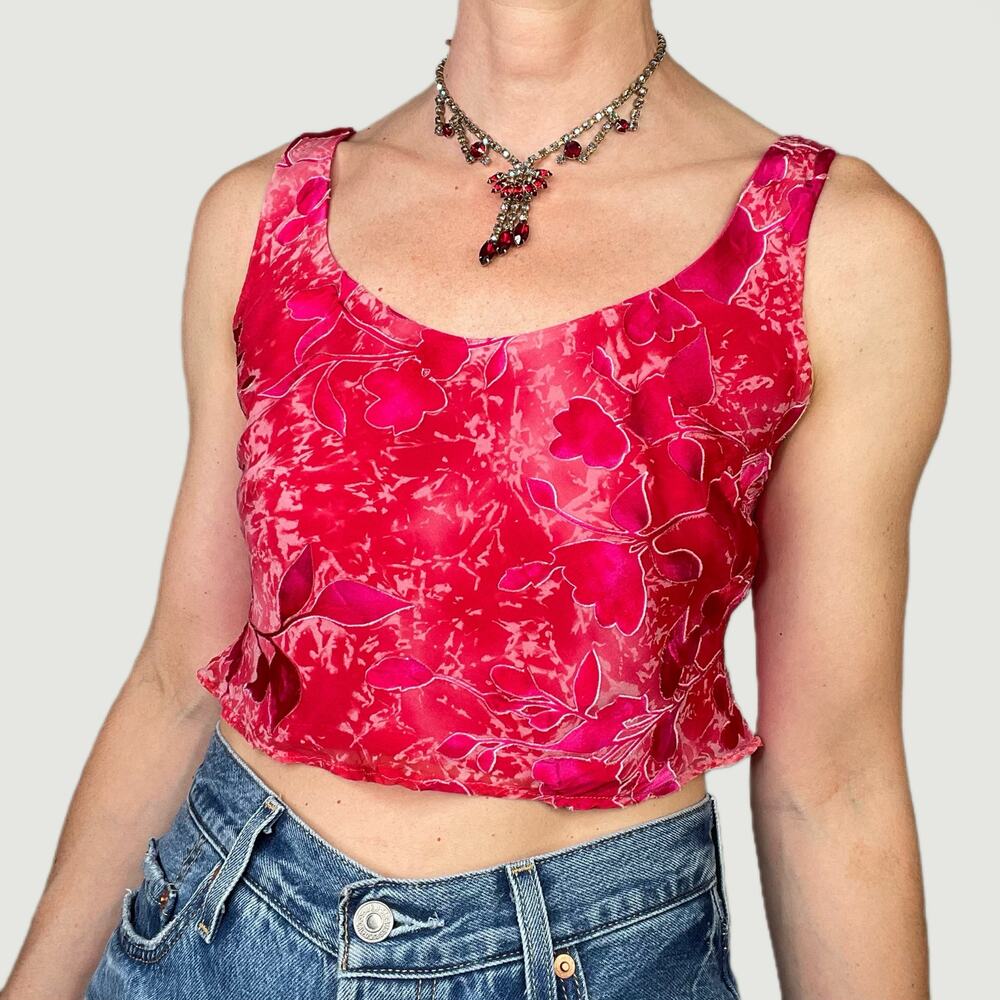 Cache silk floral burnout crop top pink cropped blouse sleeveless‎ vintage Y2K 4